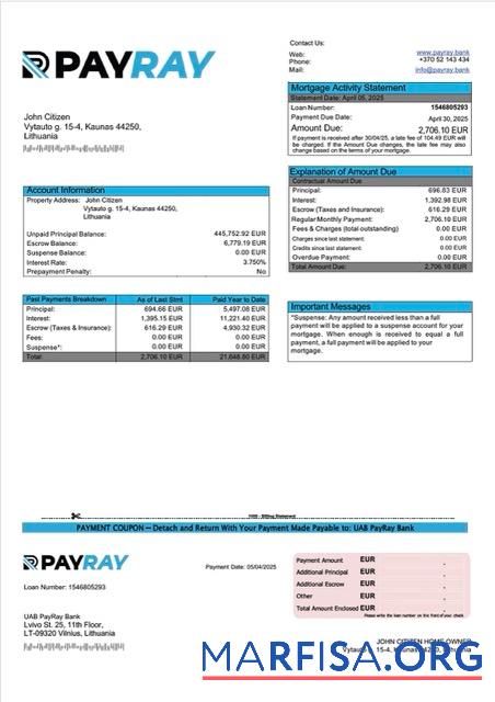Blank Lithuania UAB PayRay Bank mortgage statement Word and PDF template
